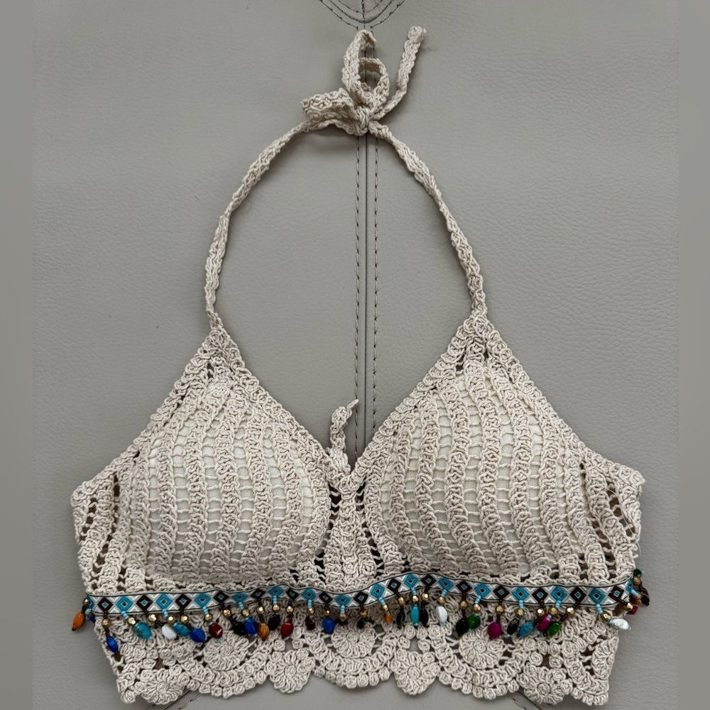Handmade Summer Knit Halter Crop Top with Tasseled Beads
